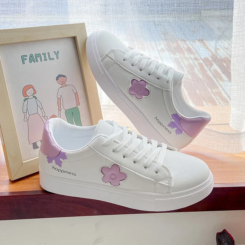

Women Sneakers Fashion Breathble Vulcanized Shoes Pu Flowers Cartoon Lace Up Casual White Women Shoes Zapatos De Mujer Female