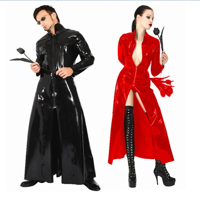 

Красно-черный латексный костюм, женский костюм из Матрицы, растягивающийся латексный костюм для геев, длинное пальто из лакированной кожи и спандекса