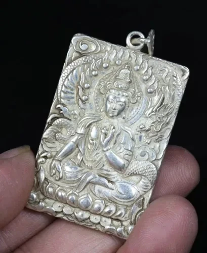 5 см старый китайский Мяо серебряный фэн-шуй Гуань Инь Кван-инь дракон амулет