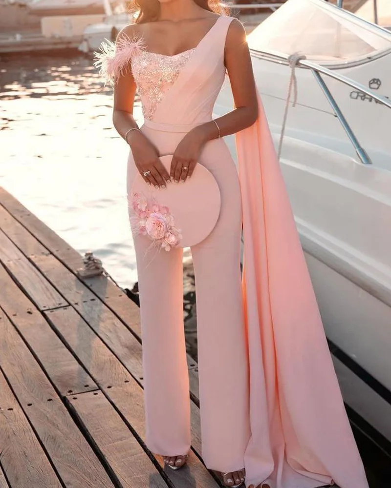 Elegant Sequined Prom Jumpsuit Women 2021 New Feather Sequins Decorative Tight Pants One Shoulder Sleeveless Pink Party Costume