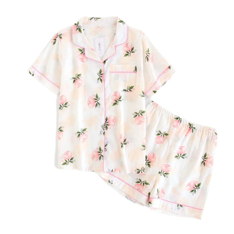 

Хлопковый пижамный комплект для женщин, модная Пижама с цветочным принтом, шорты с коротким рукавом, Женский пижамный комплект, одежда для с...