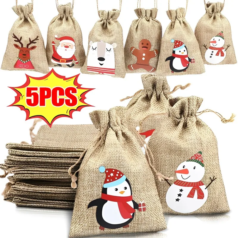 

5/1PCS Xmas Natural Jute Bags 10x14/13x18/15x20cm Christmas Candy Gift Bag Drawstring Pouches Bracelet Jewelry Packaging Bags