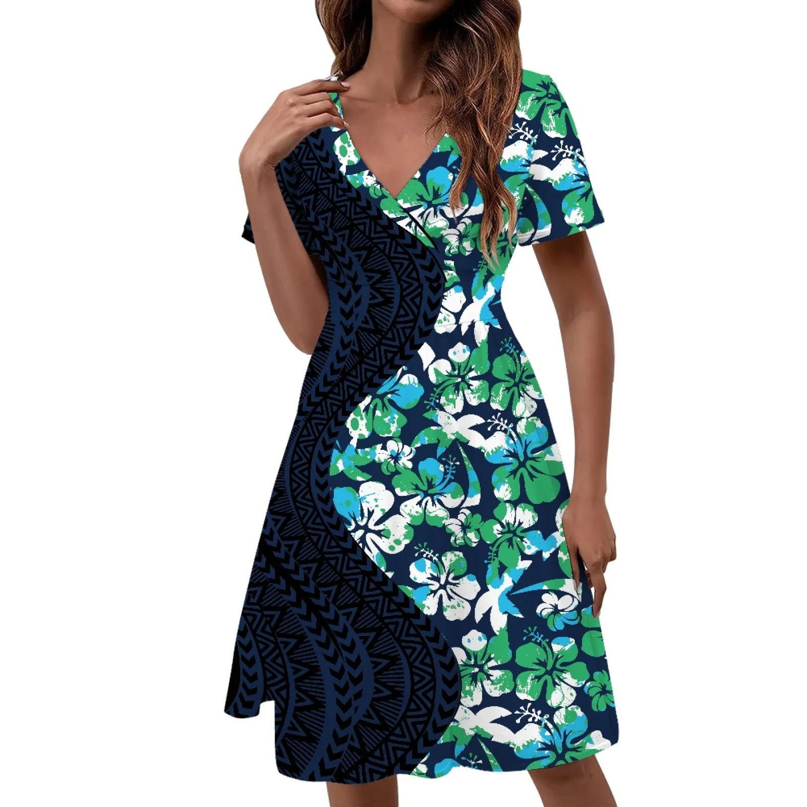 

Polynesian Tribal Tongan Totem Tattoo Tonga Prints Women Elegant V-neck Short Sleeve Dress Sexy Slim Knee-Length Party Dresses