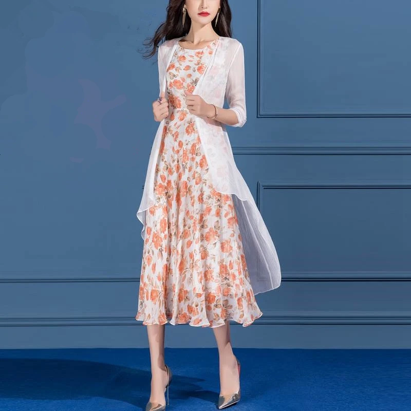 

Женский комплект из двух предметов, элегантное шифоновое платье без рукавов с цветочным принтом и длинная рубашка, комплект из двух предметов, лето 2023