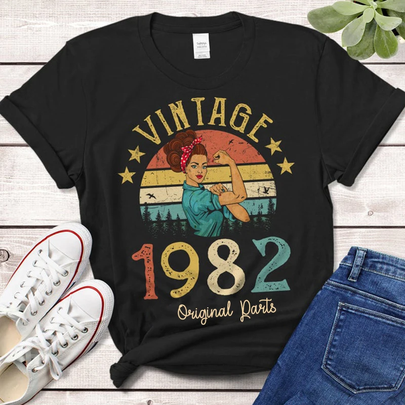 

Vintage 1982 Original Parts Women Tshirt Cotton Colored Retro T-shirts 40 Years Old Birthday Gift Female Short Sleeve Tops