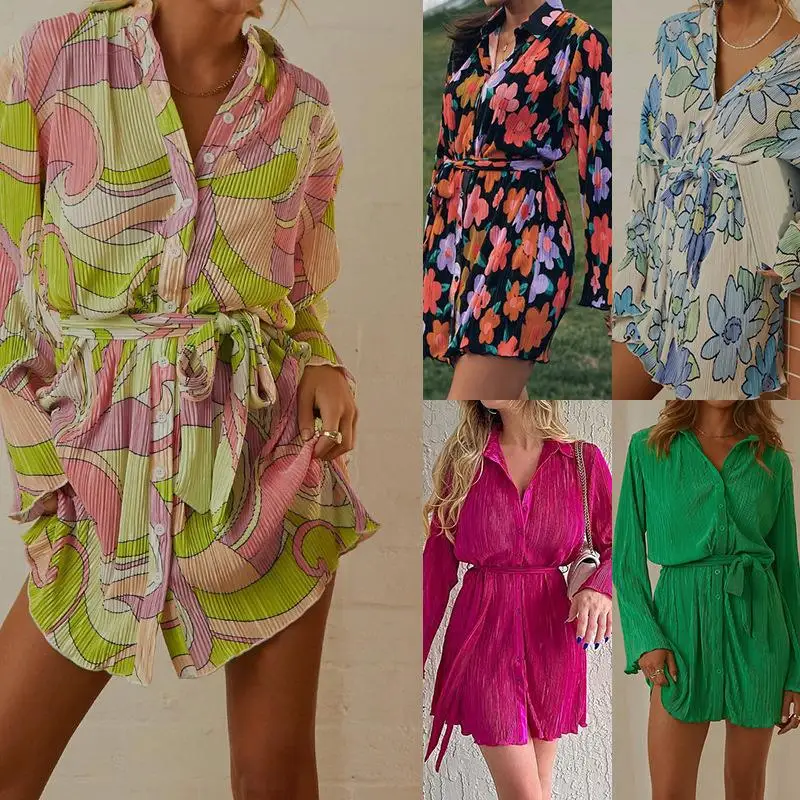 

Women's 2023 new small fresh elegant lace up button print long-sleeved short dress