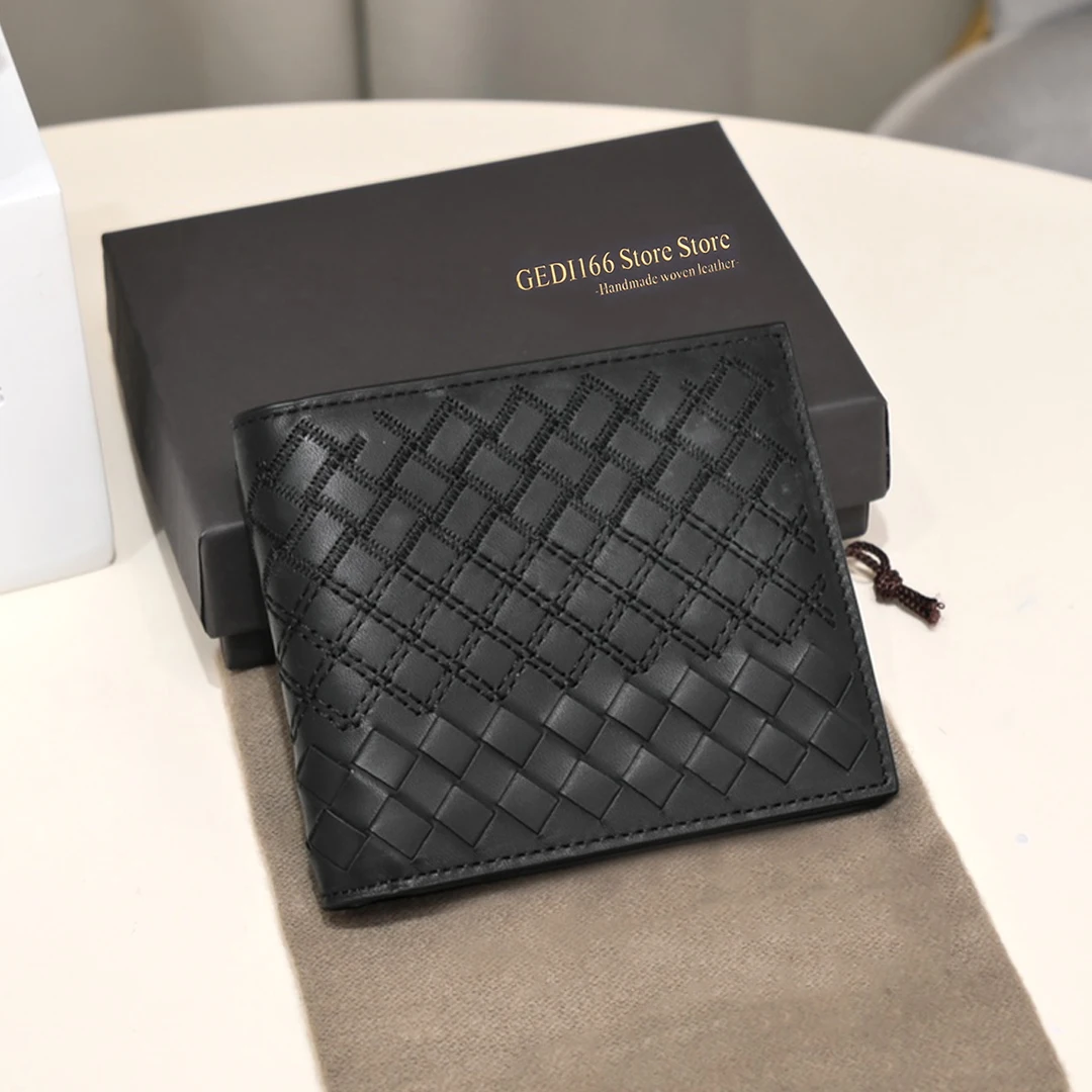 Men's Wallet Top Genuine Leather Short Purse Luxury Brand Woven Credit Card Holder Fashion Stitch Embroidery Money Case 2023 New