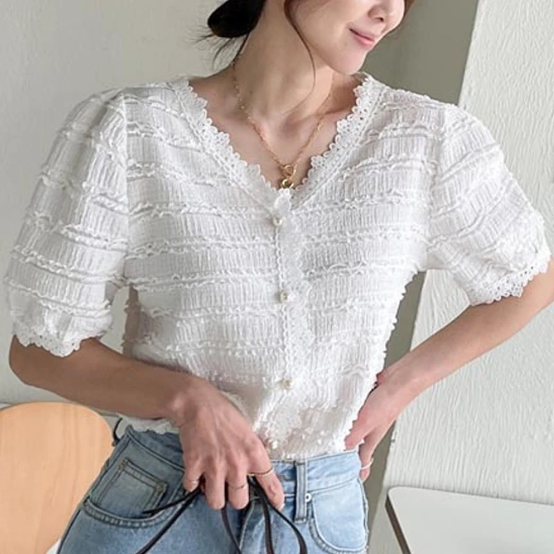 

Summer Elegant Puff Short Sleeve Loose Tops Korean Style V-neck Blouse Women Sexy Buttons Lace Ladies Shirt Casual Blusas 26723