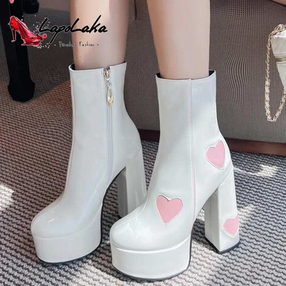 LapoLaka 2022 New Hot Short Boots Chunky Super Heel Women Boots Side Zipper Love Pattern Concise Office Lady Boots Autumn Winter