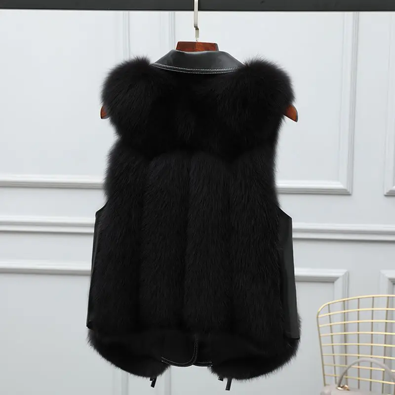 Parkas Women's Short Outdoors Coats Jackets Vests 2022 Winter Faux Fur Fox Hair PU Splicing Bandage Warm Fashion Waistcoat Woman