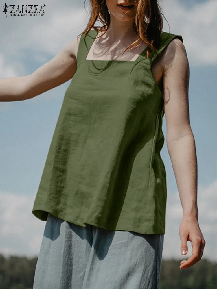 

ZANZEA Summer Elegant Tank Tops Woman Fashion Sleeveless Blouse Femme Square Collar Solid Cotton Chemise Casual Beach Blouses