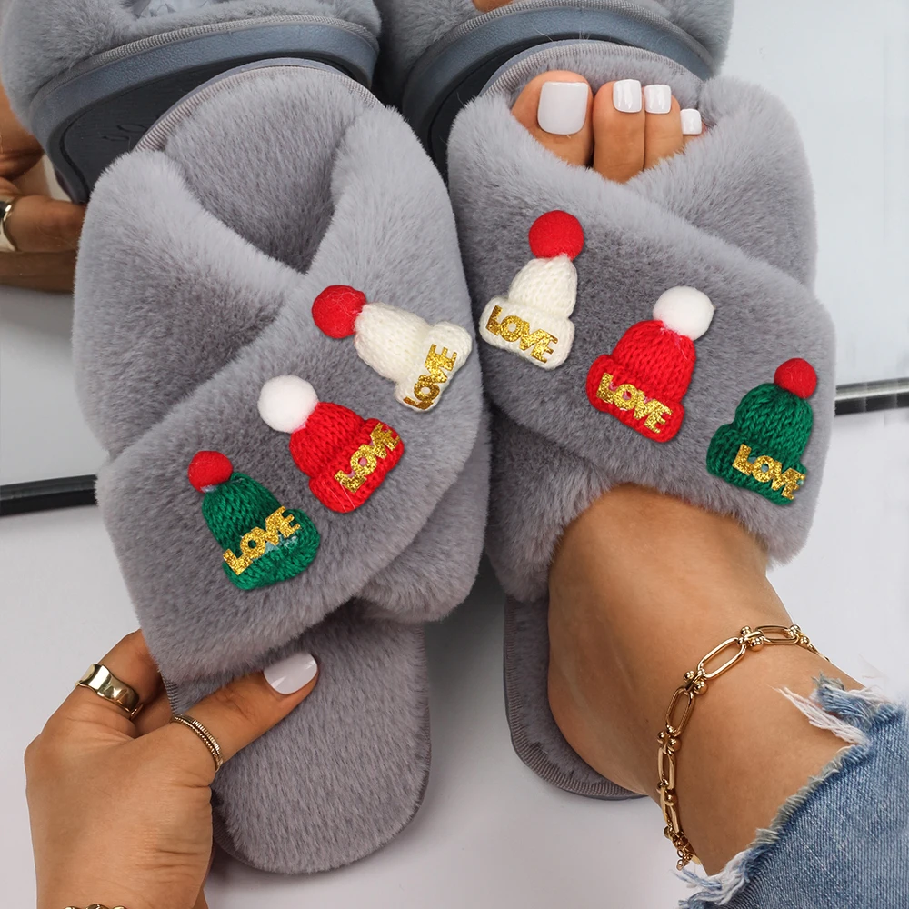 Slippers Women Fluffy Slides Cute Christmas Beanie Sandals Ladies Faux Fur Flip Flops Flat Indoor Slippers Furry Shoes 2022 New