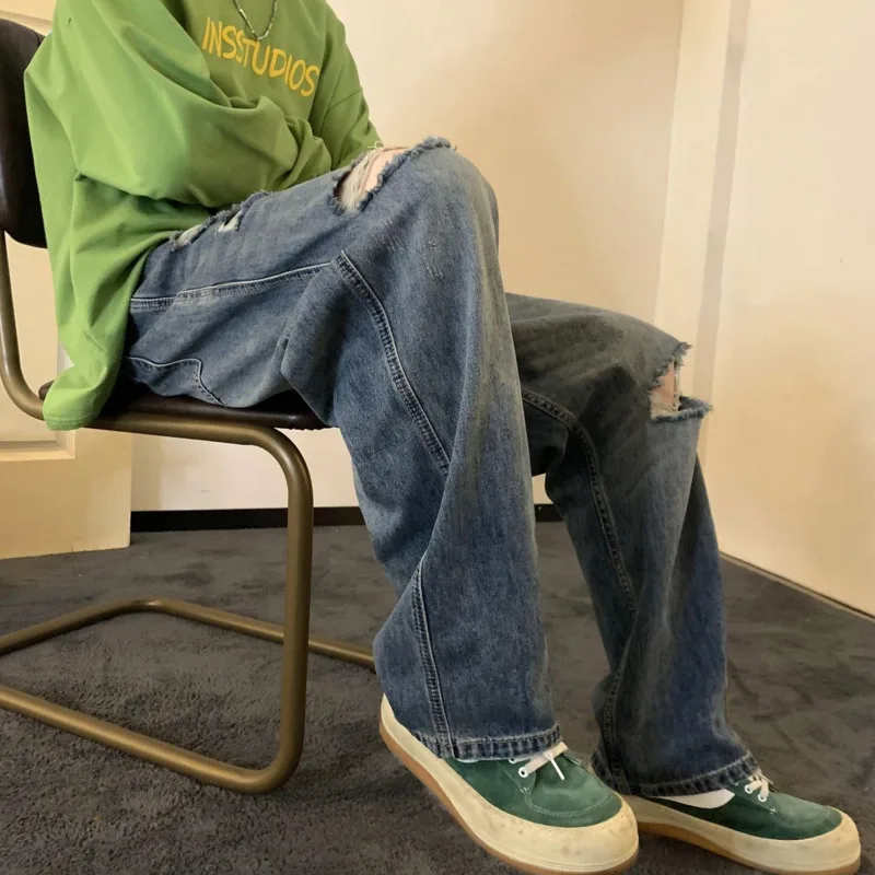 Summer Blue Ripped Jeans Men Fashion Casual Baggy Straight Jeans Men Streetwear Hip Hop Loose Hole Denim Pants Mens Trousers