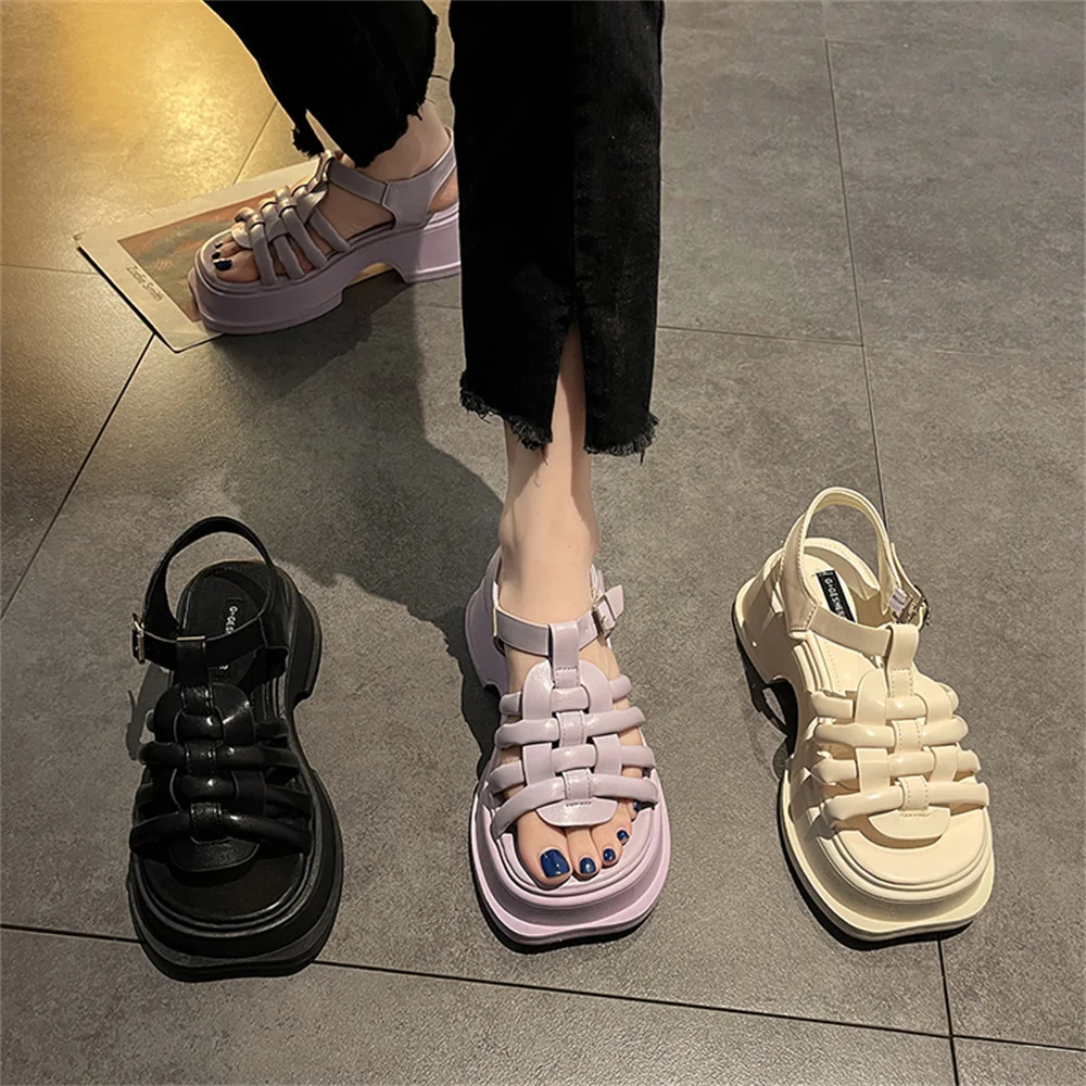 2022 Trend Women Candy Color Sandals Summer Platform Chunky Heels Open Toe Solid Weave Buckle Strap Ladies Punk Shoes Sandalias