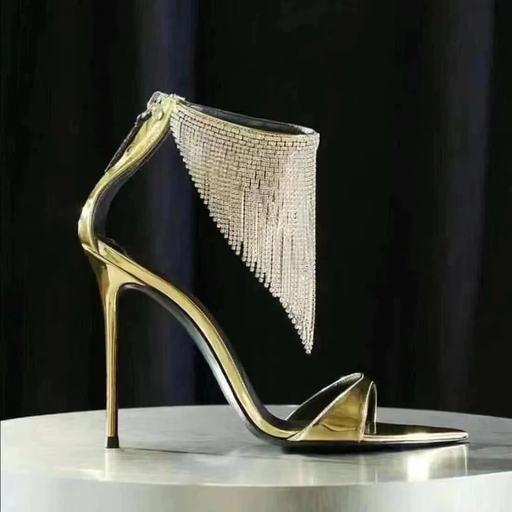 Summer women's High Heels, Rhinestone Tassels, Sparkling, Sexy, Pointed Back Zipper, Golden Party Wedding Shoes, Sandals