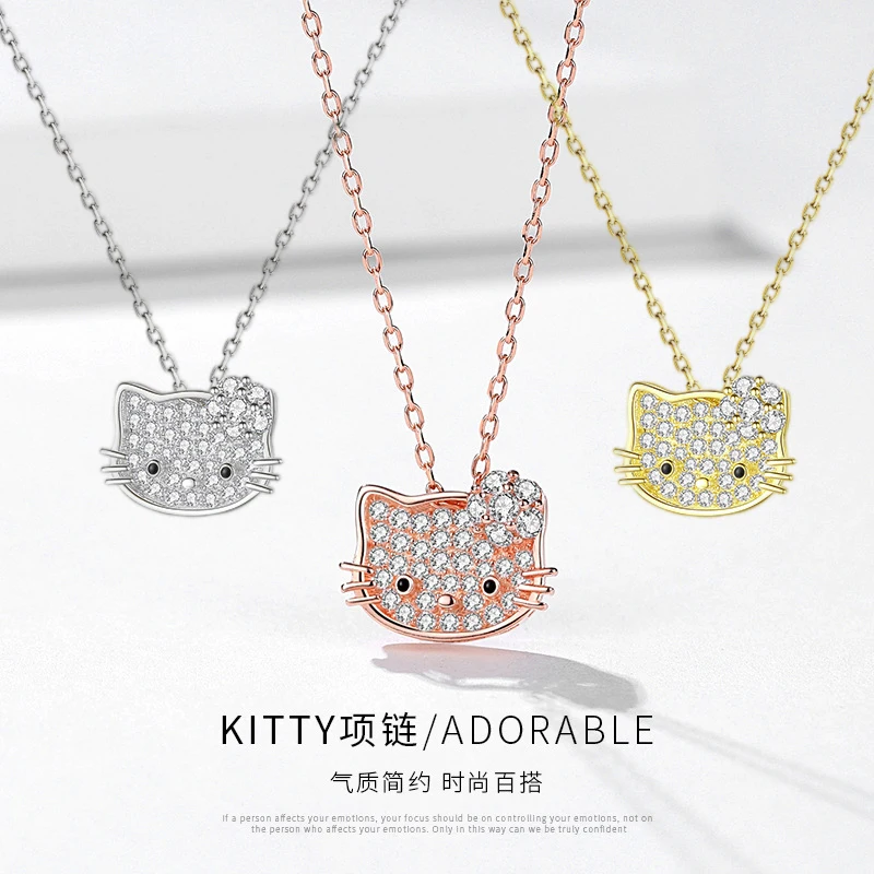 

S925 Sterling Silver Cartoon Hello Kitty Necklace Female All-Match Niche Design Simple Kt Collarbone Sweater Chain Birthday Gift