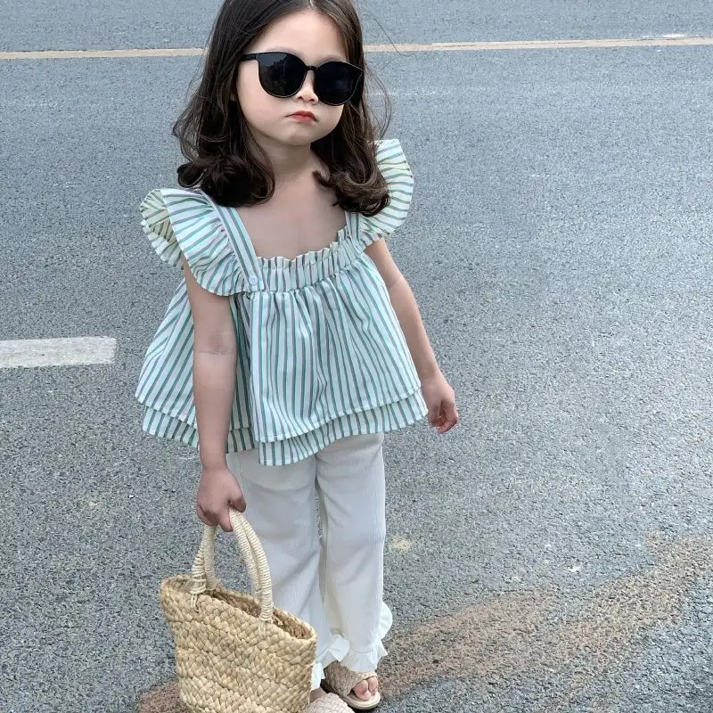 

Children's Shirt Set Summer Clothing Set For Girl New Fashion Stripe Top Girls' Baby Shirt Flare Pants 2PCS Set