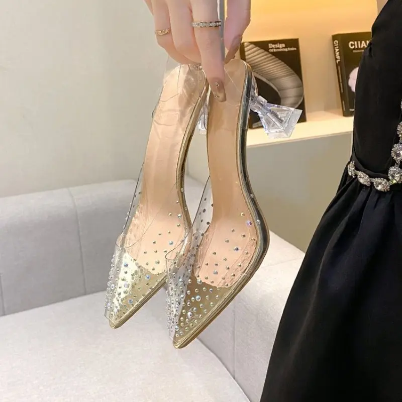 Женские туфли на высоком каблуке летние блестящие прозрачные тонком пластиковом
