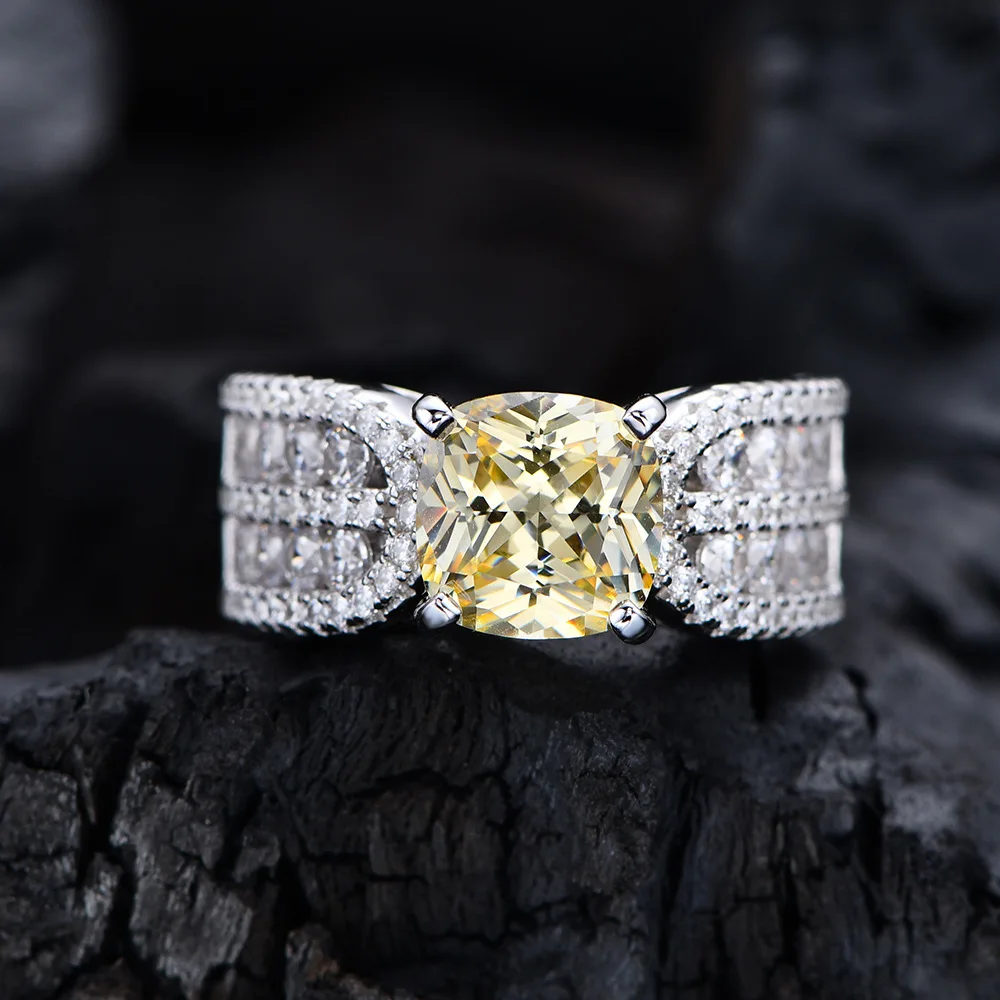 

Жёлтый драгоценный камень 8*8 толстое квадратное Изумрудное кольцо с бриллиантом инкрустированное высокоуглеродистым бриллиантом серебря...