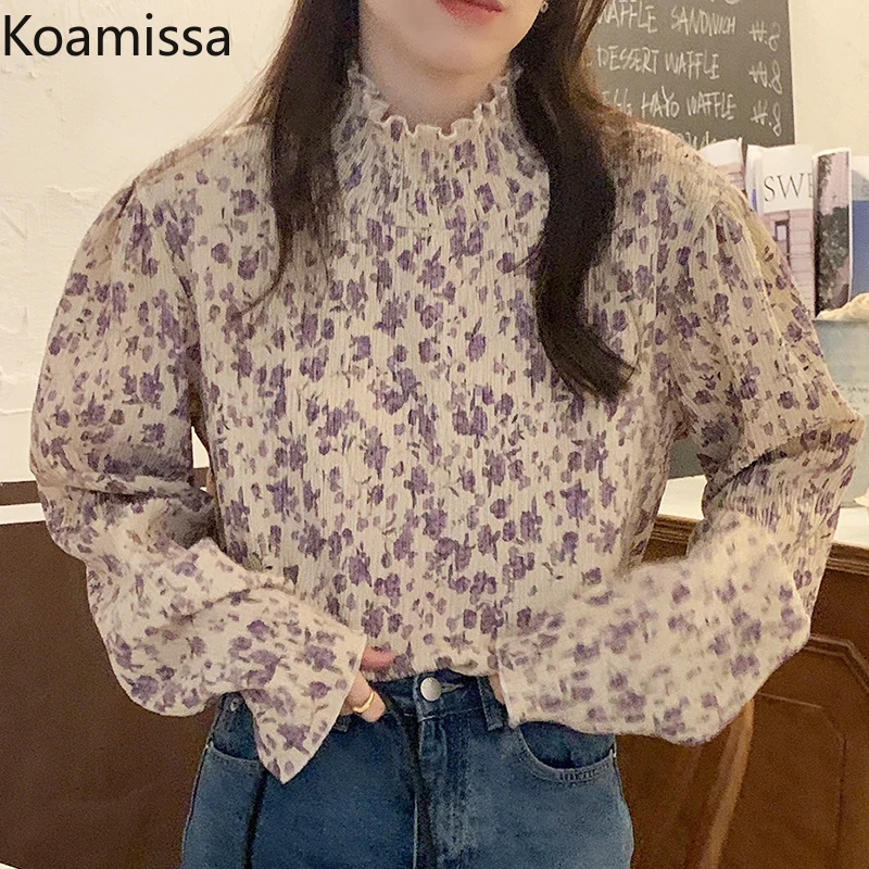 

Женская Цветочная блузка Koamissa со складками, Офисная верхняя одежда с длинным рукавом и круглым вырезом, шикарная Корейская рубашка, повседн...