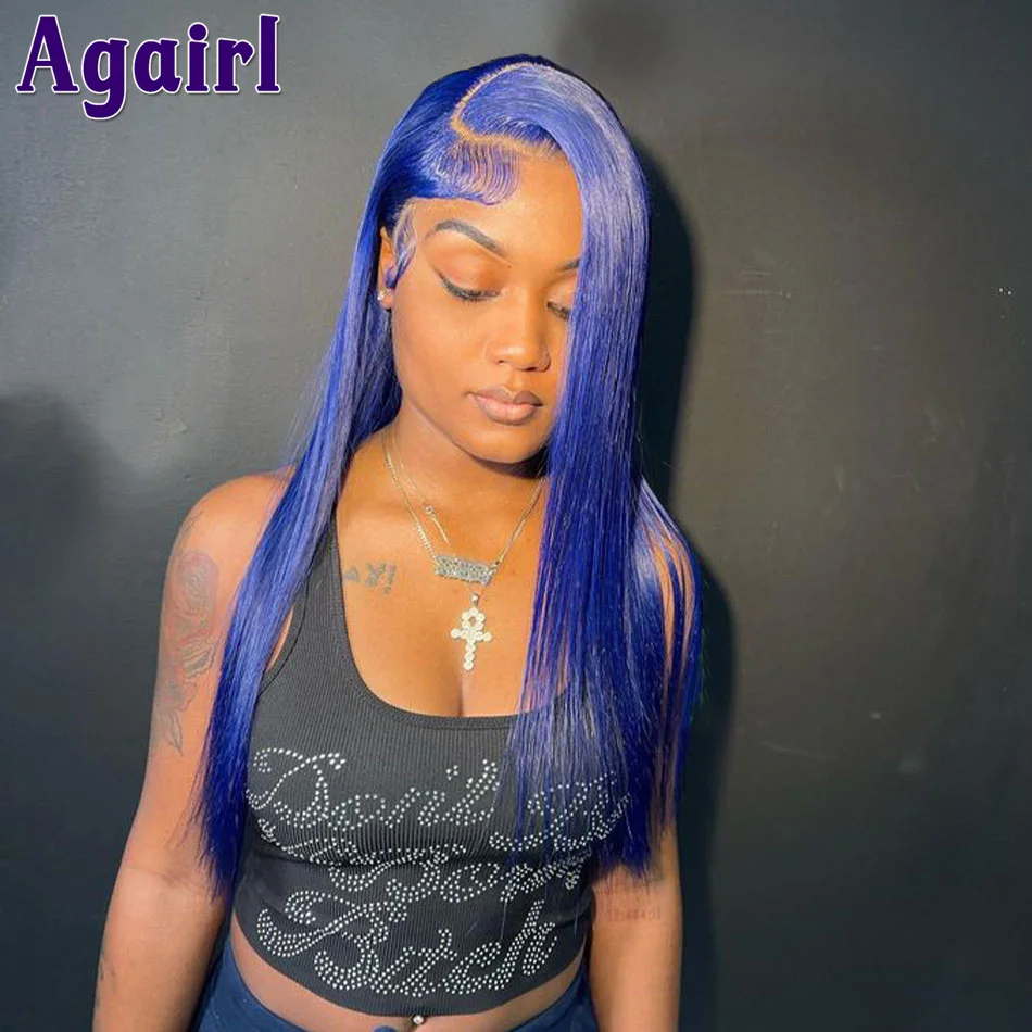 

Dark Ocean Blue Transparent 13X6 13X4 Bone Straight Lace Frontal Human Hair Wigs Peruvian Virgin Glueless 4X6 Lace Closure Wigs