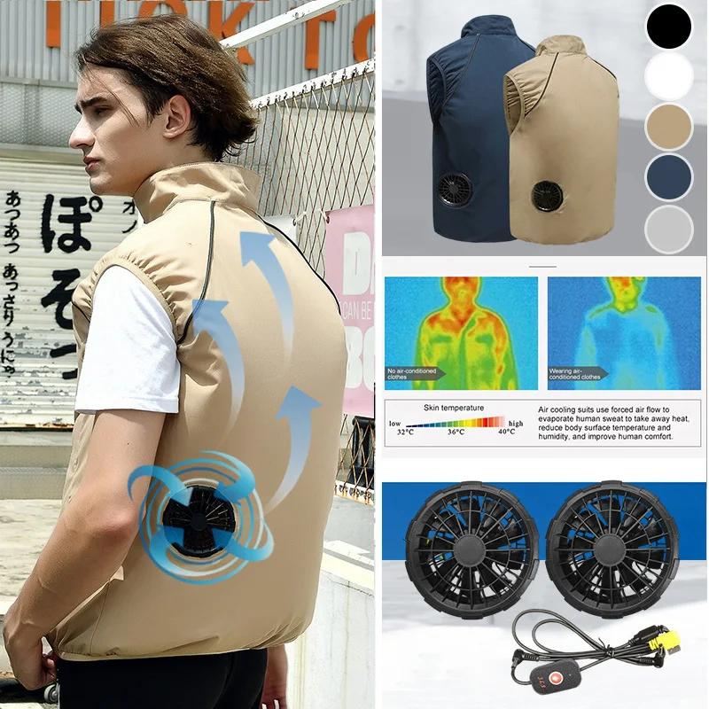 

Men Summer Air Conditioning Clothing Fan Cooling Vest 2023 New USB Charging Cooling Sport Man Outdoor Solid Color Coat Plus Size