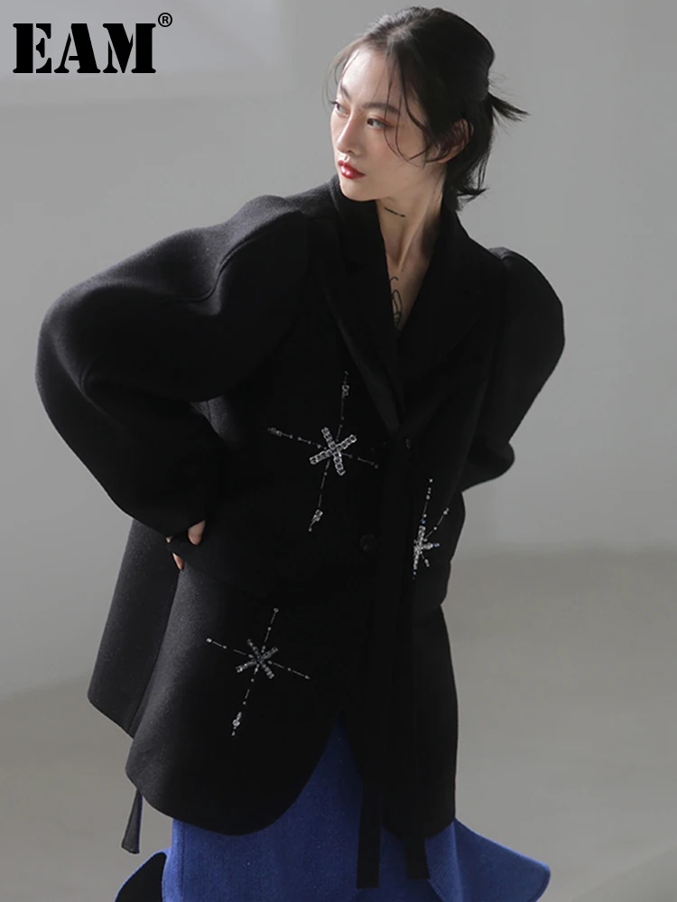 

[EAM] свободное черное шерстяное пальто большого размера в форме гвоздей, новые женские парки с длинным рукавом, модные осенне-зимние 2022 1DE4848