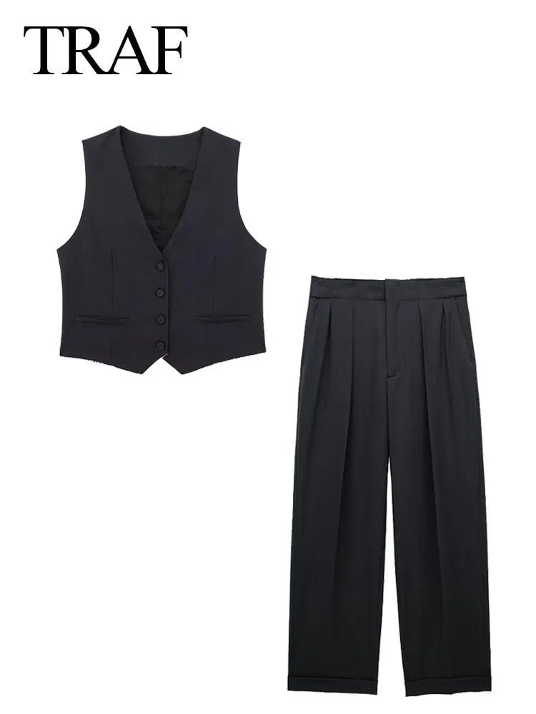 

TRAF 2023 Women's Fashion Seits V Neck Sleeveless Frayed Decorated Single Breasted Vests + Pleated Pockets Zipper Female Trouser