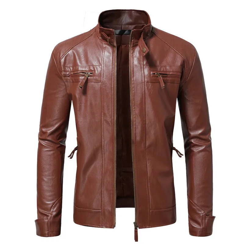 Men's Spring and Autumn Multi-pocket Leather Jacket Long-sleeved Coat Large Size M-5XL Stand Collar Pu Mixed Leather New