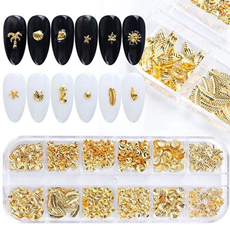 

3D Gold Nail Art Decorations Mixed-Shape Metal Frame Shell Leaf Rivet Studs On Nails DIY Charm Jewelry Accessories 1Box