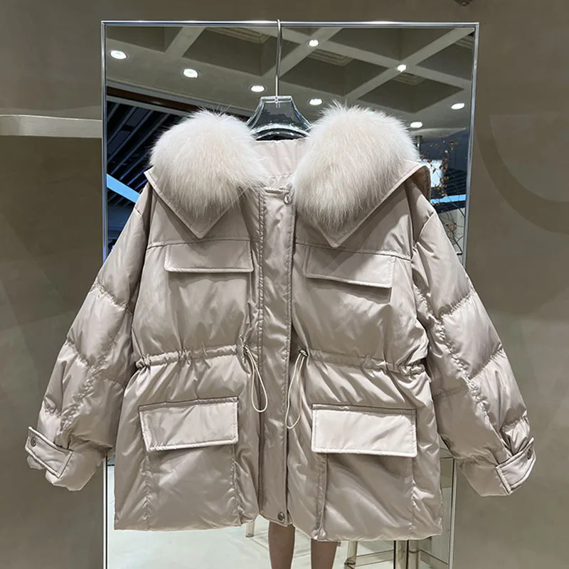 Большая зимняя куртка из натурального Лисьего меха 90% пуховое пальто белой утки