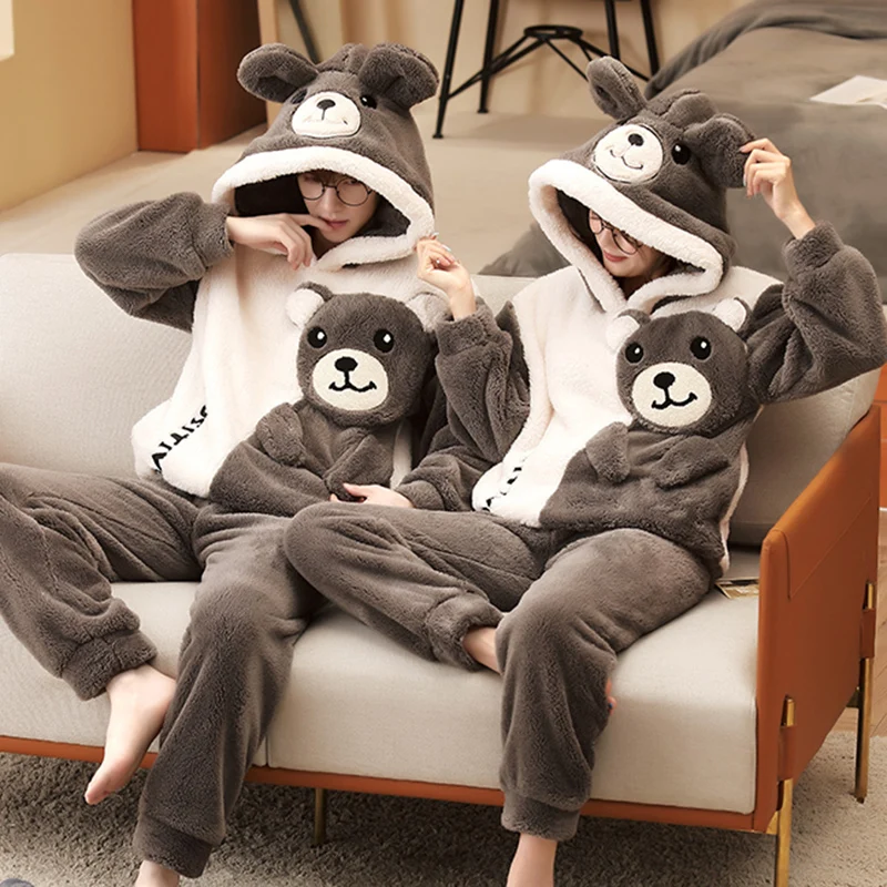 2PCS Couple Pajamas Set Women Men Winter Plush Soft Thicken Pyjamas Sleepwear  Cartoon Bear Korean Cute Lovers Homewear Pyjamas