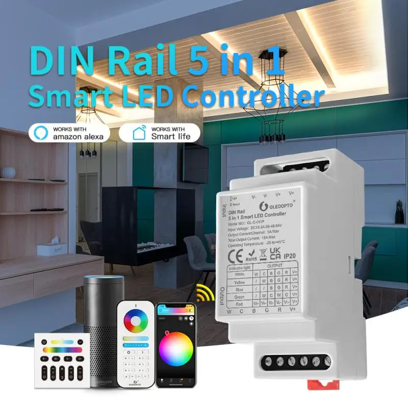 

Контроллер светодиодной ленты Zigbee 3,0 DC12-54V Din Rail 5 в 1 RGBCCT/RGBW/RGB/CCT/диммер, голосовое управление с помощью Alexa Echo/Google Home