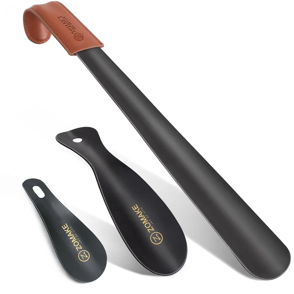 ZOMAKE 2pcs Metal Long Handle Shoe Horn for Seniors 16.5 Inch with Travel Shoe Horn Helper for Men Women-Kids Aid Accessories