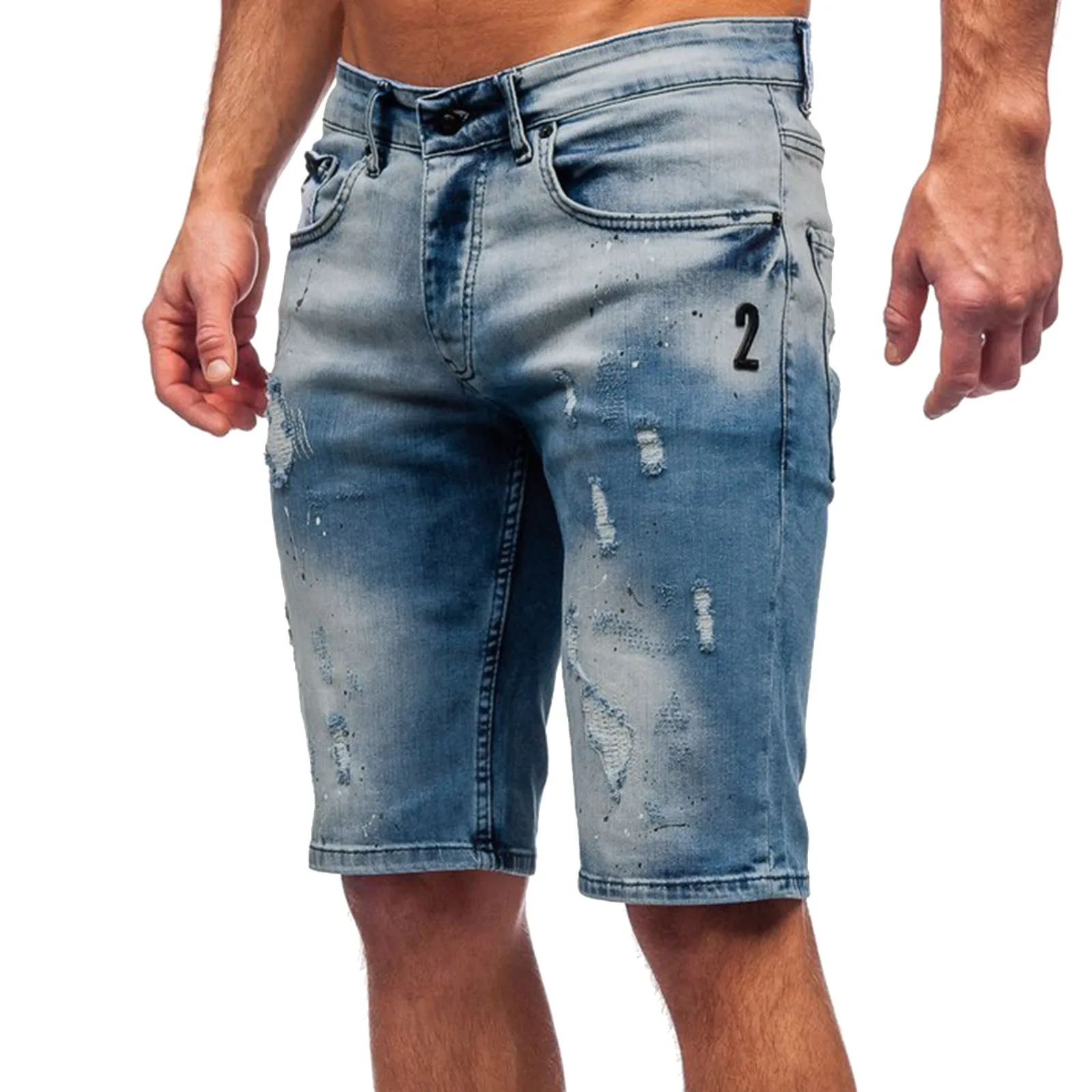 Men's Summer Middle Waist Pant Shorts Micro Elastic Hole Worn Hole Shorts Zipper Open Five Point Denim Shorts