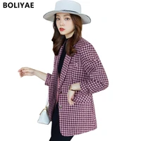2022 new women fashion tweed blazer houndstooth wool coat vintage long sleeve female outerwear chic femme suit jacket lady tops