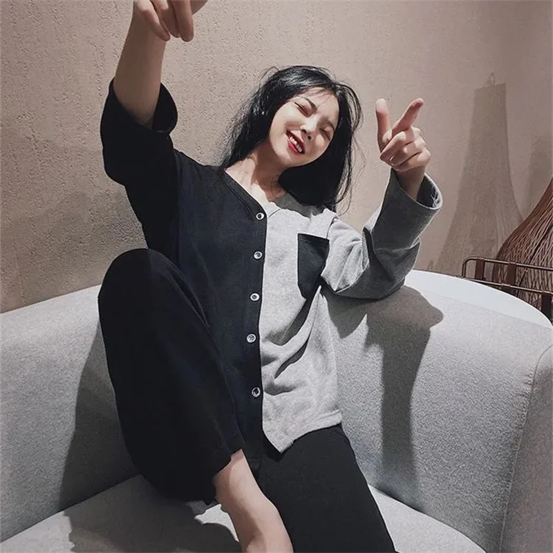 Sweet Pajamas Set Sexy Sleepwear For Women Elastic Pyjama Women's Autumn Fashion V-Neck Shirt Splicing Homewear Japanese Style