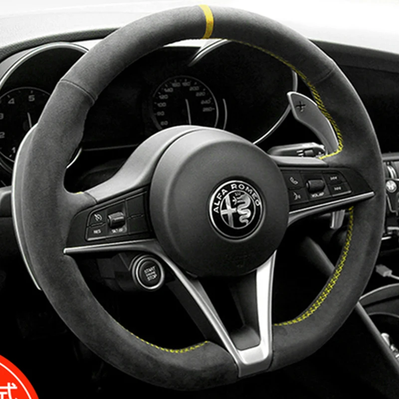 

Hand-stitched Non-slip Black Suede Car Steering Wheel Cover for Alfa Romeo Giulia 2016-2020 Stelvio 2017-2020