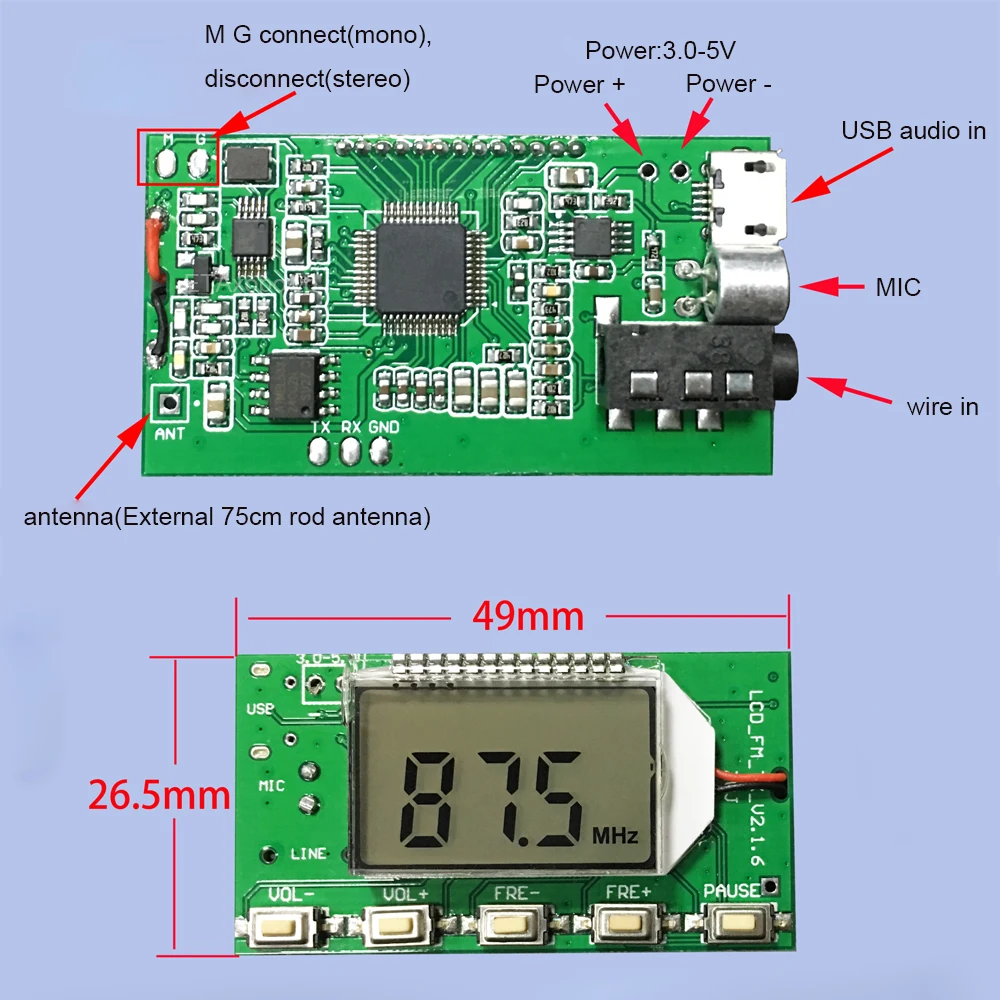 FM передатчик модуль Stereo Digital Transmitter для беспроводного микрофона на плате с диапазоном 76,0 МГц-108,0 МГц.