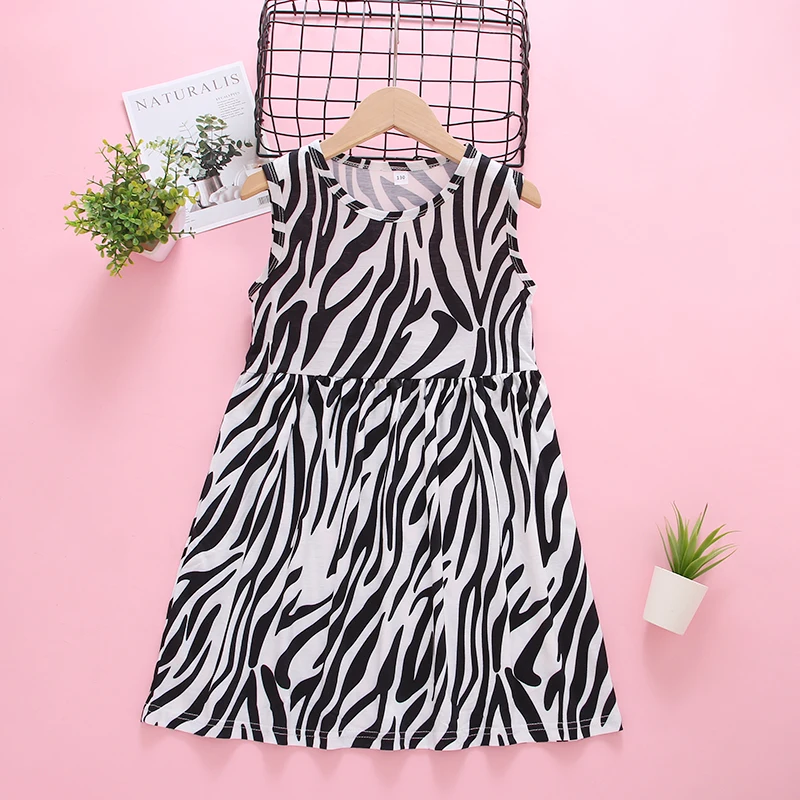 4-11 Years Old New Fashion Simple Zebra Pattern Print Drawstring Girl Casual Sleeveless Dress