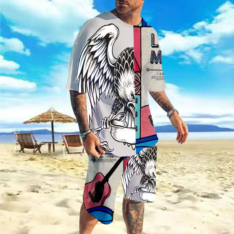 

Новинка лета 2022, Мужская футболка большого размера с круглым вырезом и множеством карманов, музыкальная Мужская футболка, шорты с летающим ...