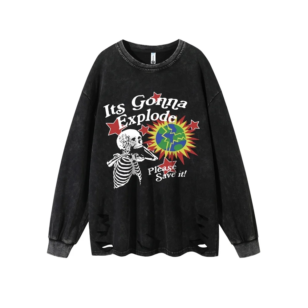 

Ripped Gothic Skulls Explode LetterPrint T-Shirts Mens Retro Washed Black Long Sleeve Loose T shirts Grunge Men's Tops Tees