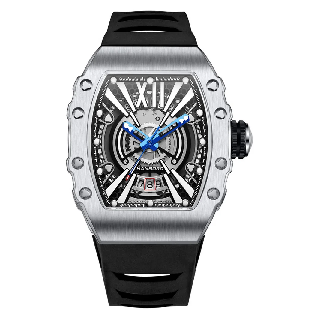 

HANBORO Men Automatic Watch Luxury Tonneau Mechanical Wristwatch Waterproof Luminous Skeleton Carbon Fibre / Steel Bezel 8215