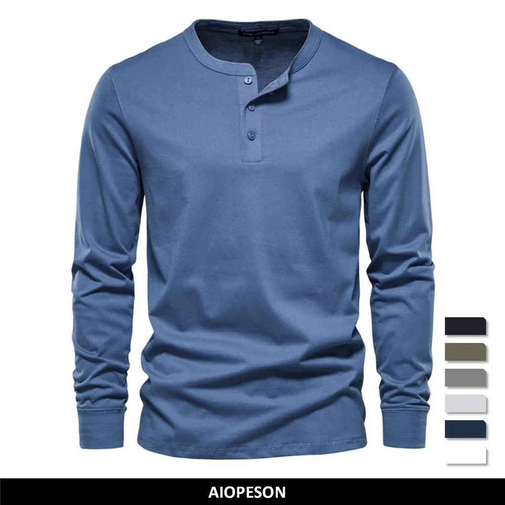 

AIOPESON Henley Collar T Shirt Men Casual Solid Color Long Sleeve T Shirt for Men Autumn High Quality 100% Cotton Mens T Shirts