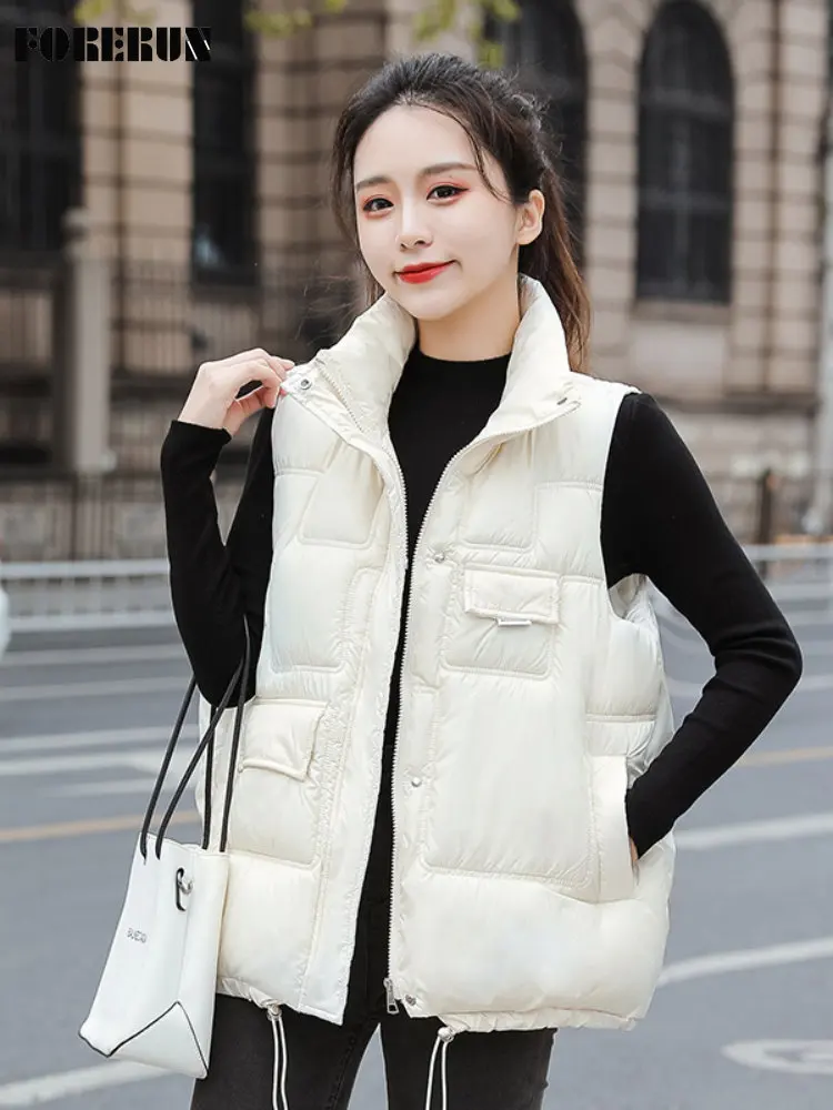 

FORERUN Winter Puffer Vest Women Glossy Cotton Padded Warm Gilets for Female Autumn Winter Solid Sleeveless Jacket Outerwear