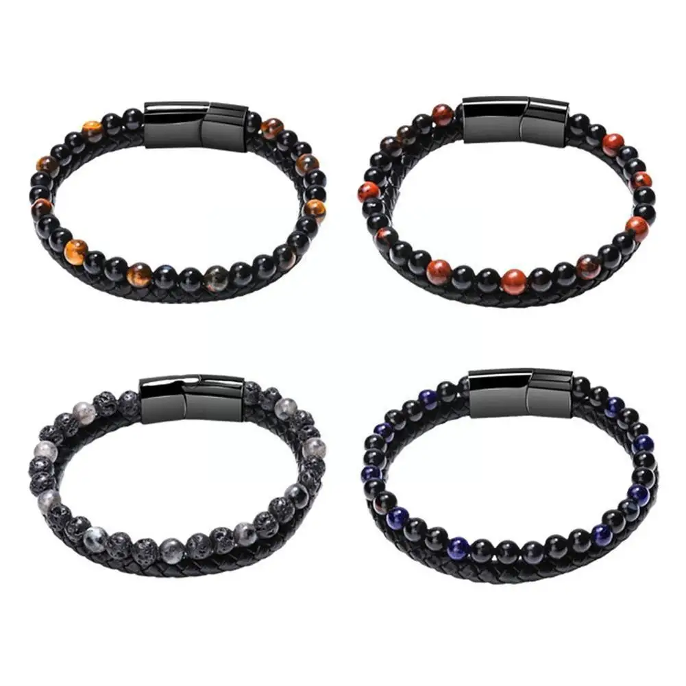 

Новинка кожаный браслет природный камень искусственный браслет ювелирные изделия сплав подарок Мужская плетеная магнитная пряжка цинк F7G7