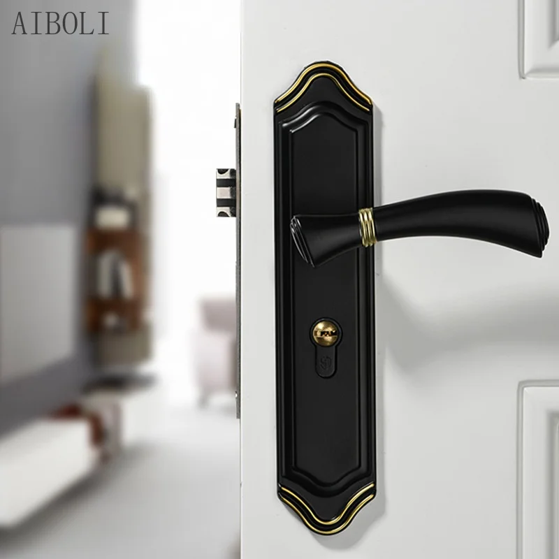 Picture Gold Door Handle Indoor Bedroom Door Lock American Black Bathroom Solid Wood Door Handle Household Silent Handle Lock