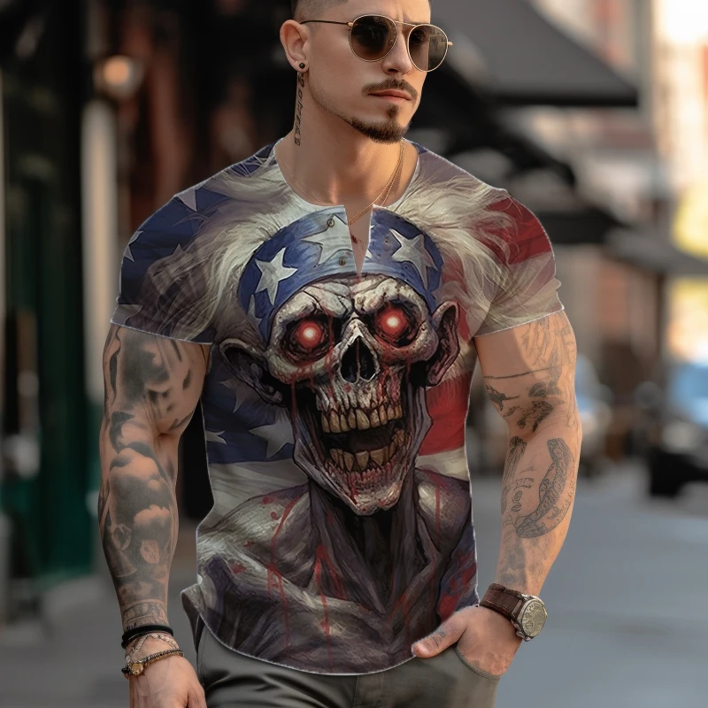 

2023 летняя свободная футболка для отдыха спортивная футболка для улицы модная Ретро футболка с 3D-принтом черепа Мужская Готическая футболка