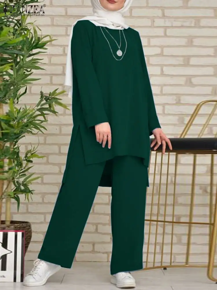 ZANZEA Fashion Vintage Muslim Suit 2PCS O-Neck Solid Blouse Loose Pant Female Urban Tracksuit Causal Turkish Islamic Clothing