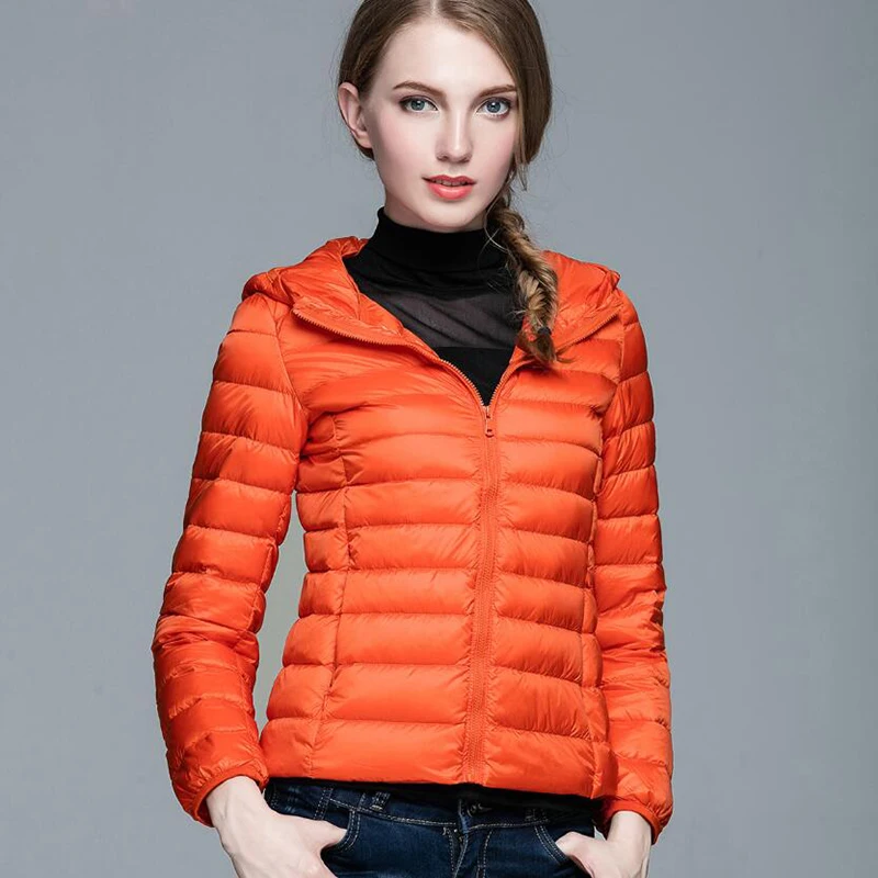 Women Down Jacket Hooded 90% White Duck Down Warm Overcoat Solid Color Portable Outerwear Ultra Light Down Coat Winter